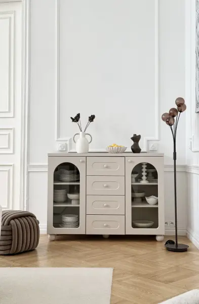 Komoda z witryną i szufladami Rozano (kaszmir lakier mat/kaszmir)